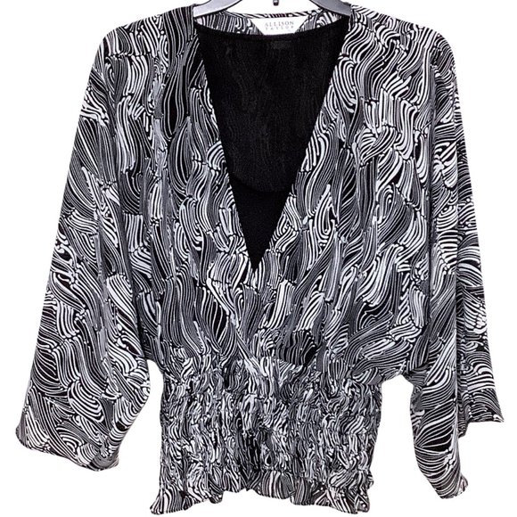 Allison Taylor L Top Blouse Drop Waist Shirred Black White Abstract Ruffle Large - Picture 14 of 14